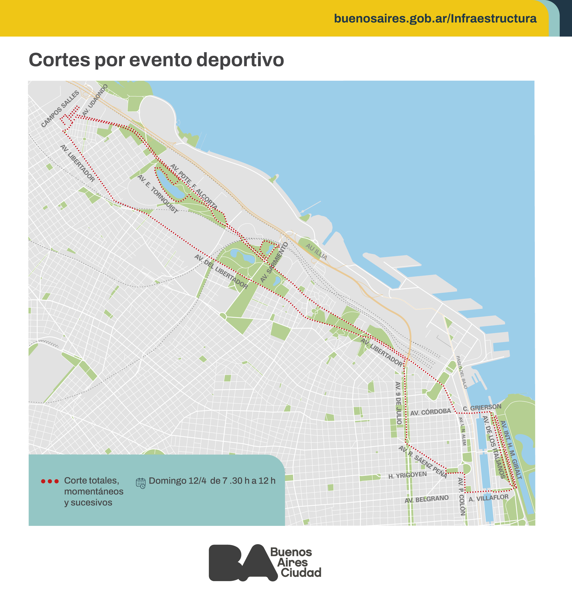 Cortes y desvíos por evento este domingo 12 de abril