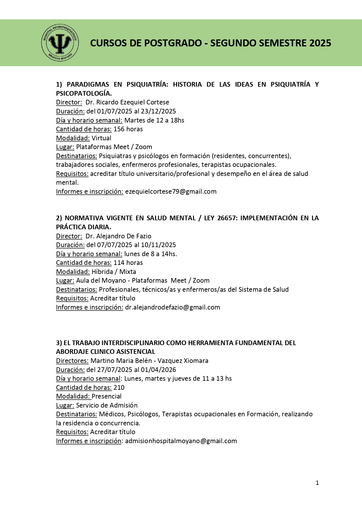 Cursos Postgrado Segundo Semestre 1