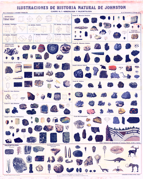 Lámina “Mineralogía y Paleontología”. W. y A. K. Johnston Ltd., Edimburgo. Publicado por Estrada y Cía