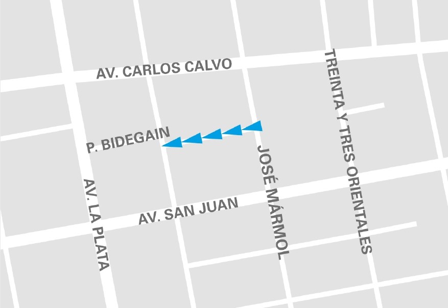 Mapa graficando el cambio de sentido en el pasaje Bidegain, en Boedo.