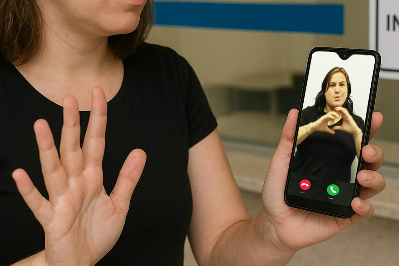 Persona en primer plano sosteniendo un teléfono y comunicándose mediante videollamada con una intérprete de Lengua de Señas Argentina.