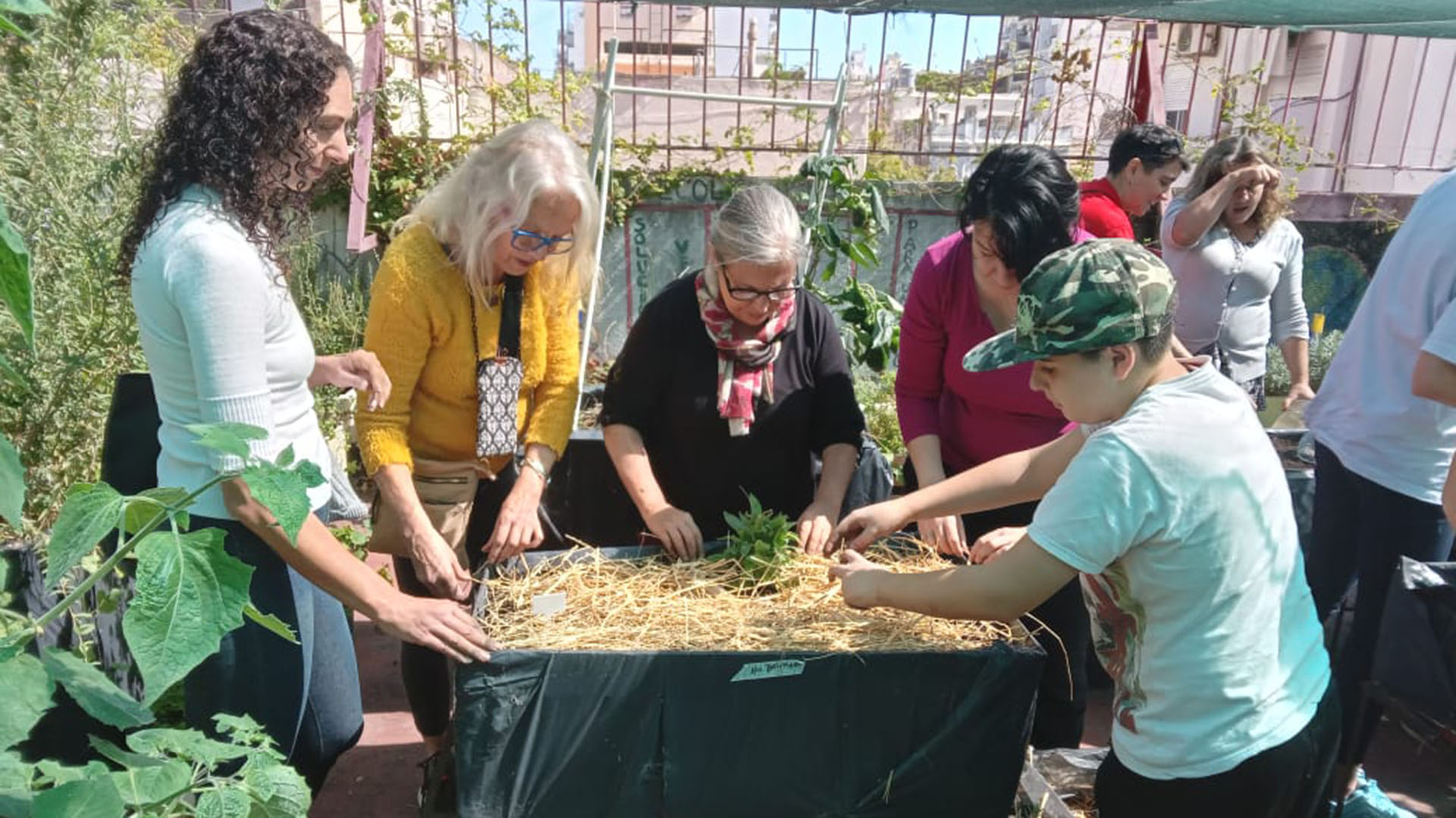 Mujeres y niños siembran almacigos en una terraza