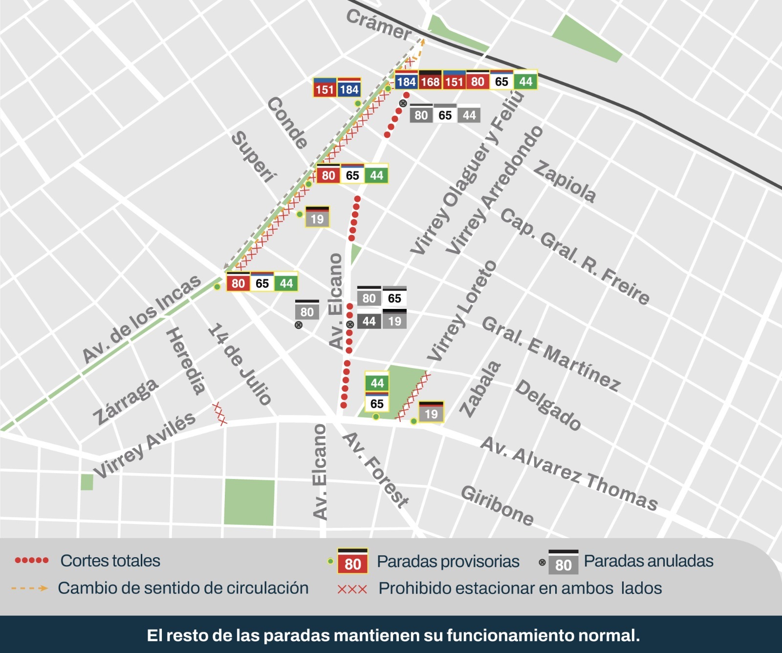 Mapa con paradas provisorias.