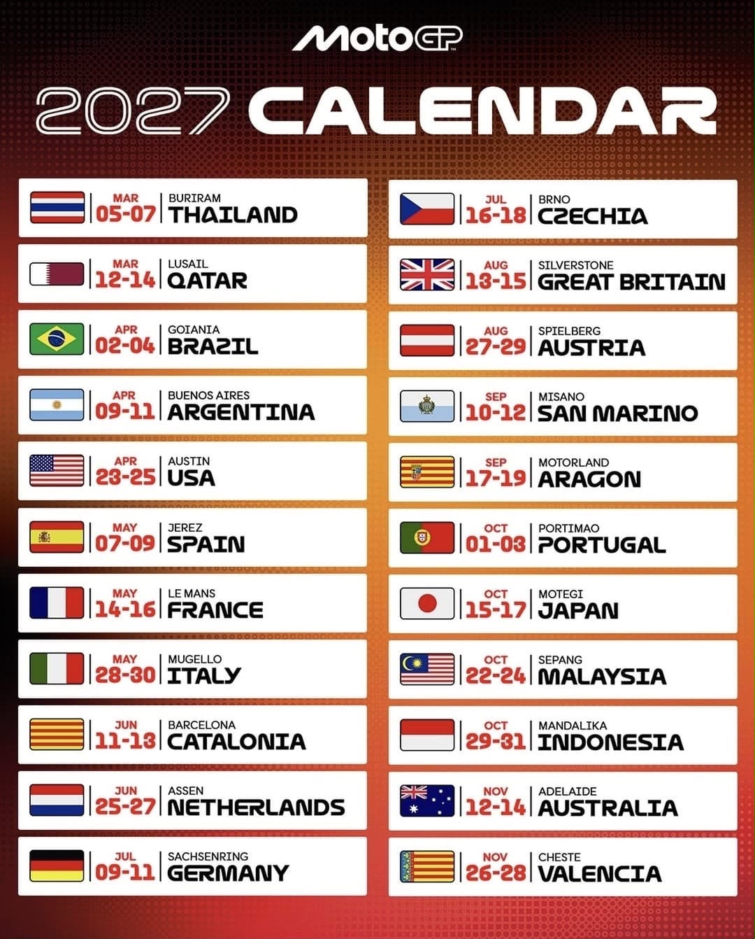 Calendario del Moto GP 2027