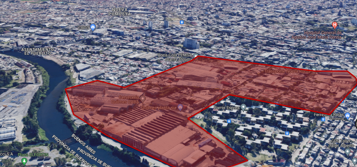 Área de influencia de Puente Alsina en zona industrial de empresas de bebidas.