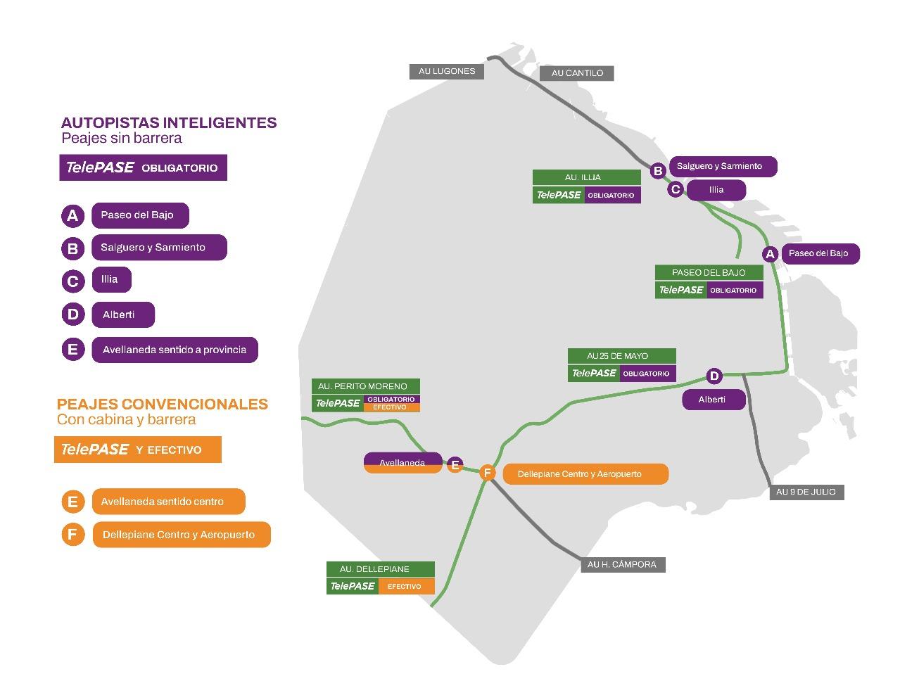 mapa de peajes inteligentes de la ciudad de buenos aires