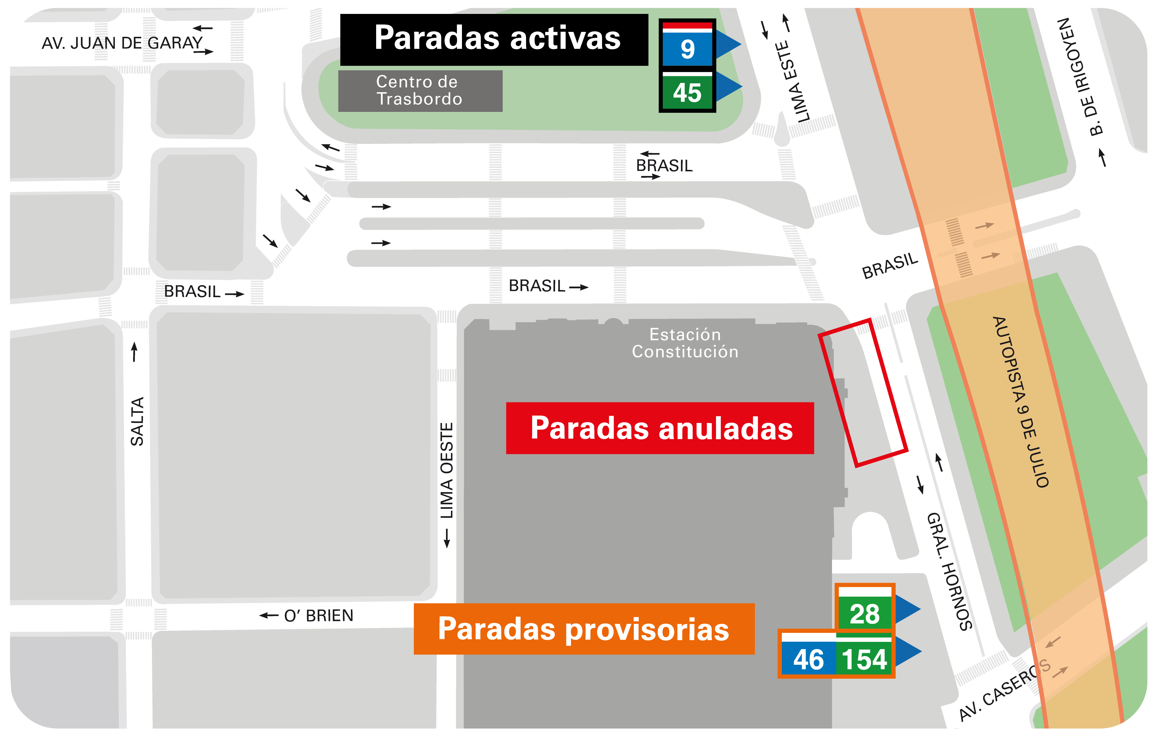 mapa paradas temporales obra ct constitucion - mayo 2023