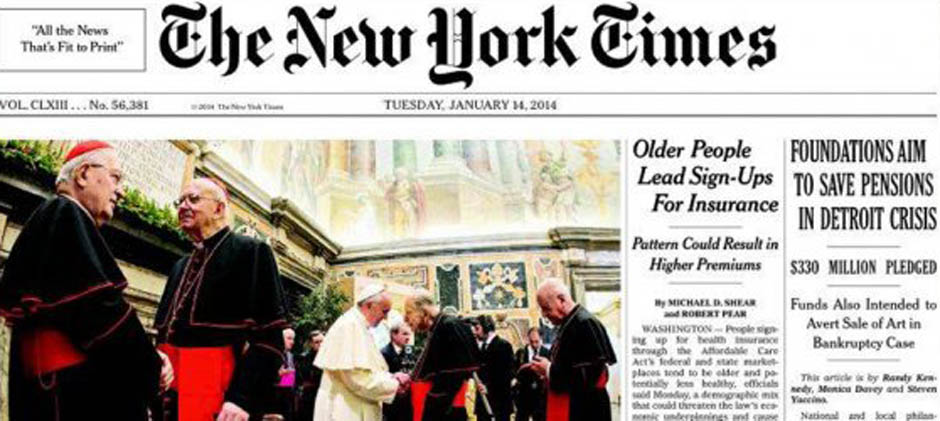 El Papa es título principal de la tapa del New York Times