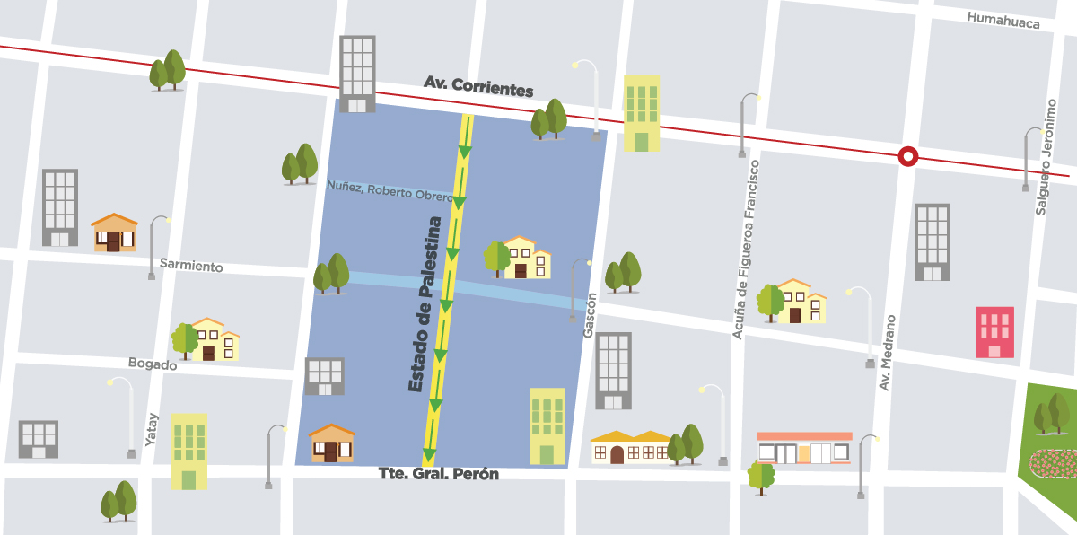 Estado de Palestina invierte su sentido desde av. Corrientes a Tte. Gral. Perón