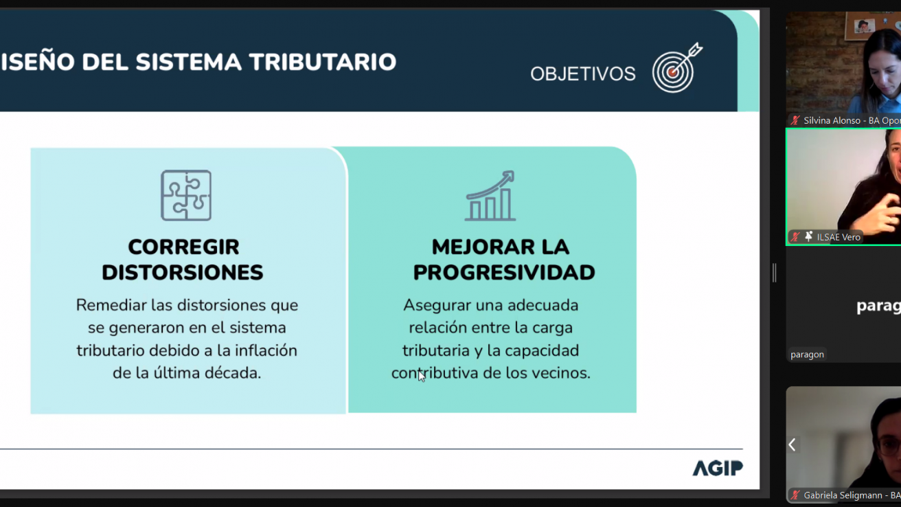 Varias personas participando del evento virtual debatiendo sobre el rediseño del sistema tributario