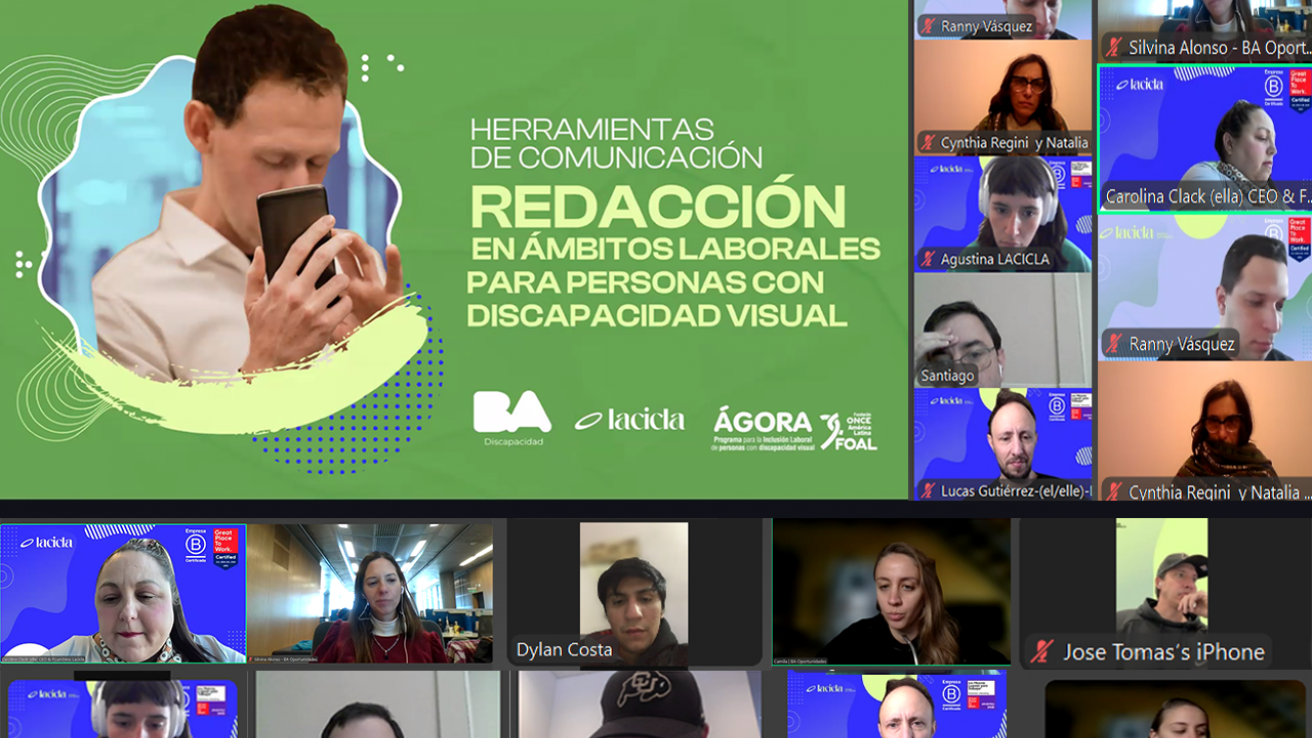 Captura de pantalla de una videollamada grupal durante un taller virtual de escritura y redacción que cuenta con la participación de numerosas personas