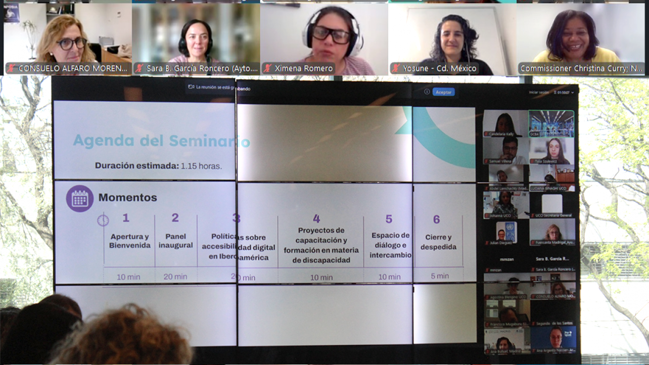 Seminario virtual del Proyecto Puentes Digitales, con participantes conectados y expositores internacionales sobre inclusión y accesibilidad digital.