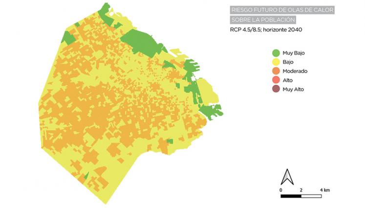 Mapa de riesgo futuro de olas de calor sobre población para RCP 4.5/8.5, horizonte 2040.