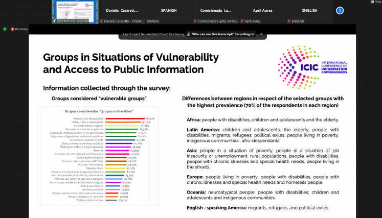 María Gracia Andía, Titular del OGDAI presentando el trabajo del Grupo de Trabajo de Género y Grupos Vulnerables de ICIC