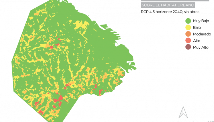 Acá se ve el mapa de riesgo de la Ciudad de Buenos Aires donde en rojo, la zona de mayor riesgo se ve al sur de la ciudad, y en amarillo sobre la cuencas de la ciudad. El resto de la Ciudad esta en color verde de menor riesgo.