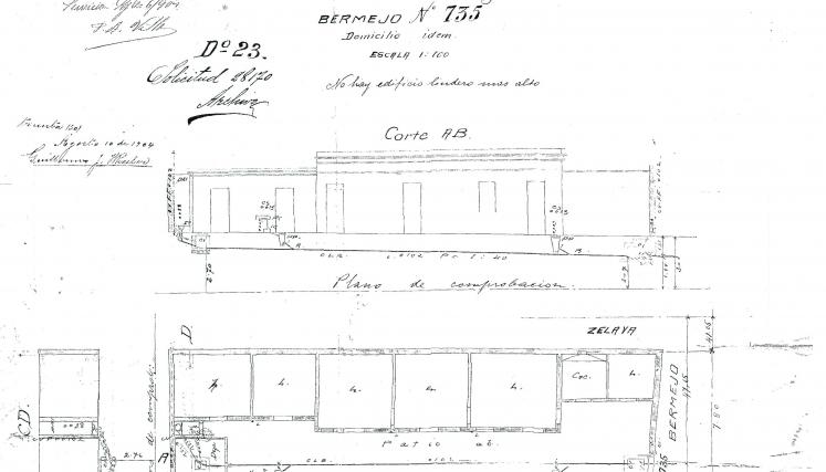Corte y planta del edificio ubicado en la calle Bermejo 735, actualmente sede del Museo Casa Carlos Gardel