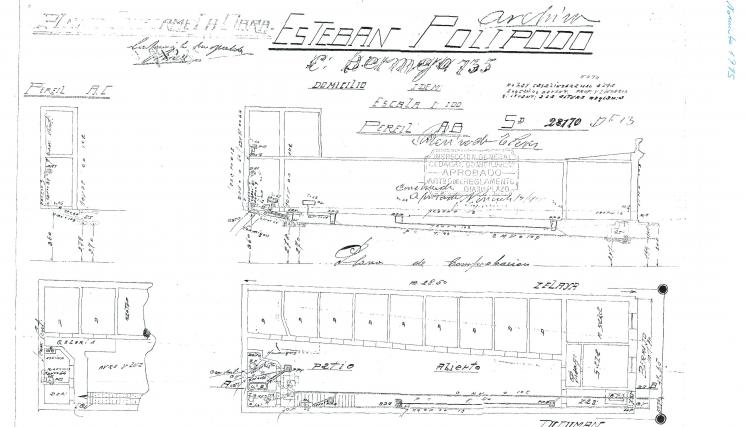 Corte y planta del edificio ubicado en la calle Bermejo 735, actualmente sede del Museo Casa Carlos Gardel, 1915.
