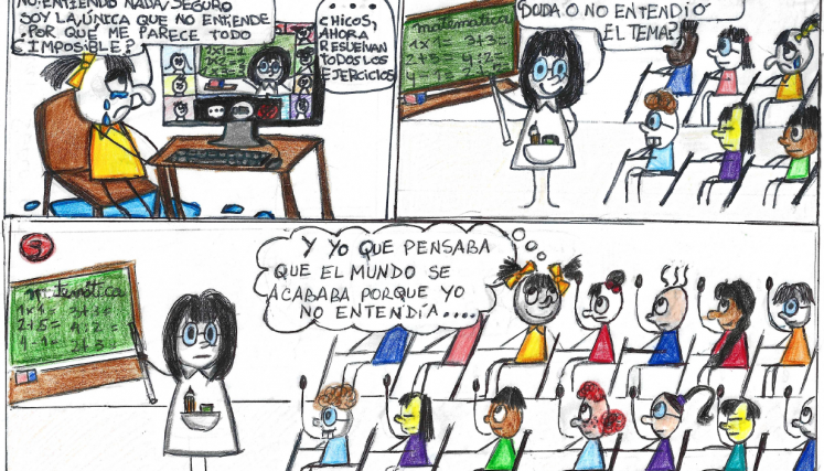 Historieta en aula con profesora y alumnos