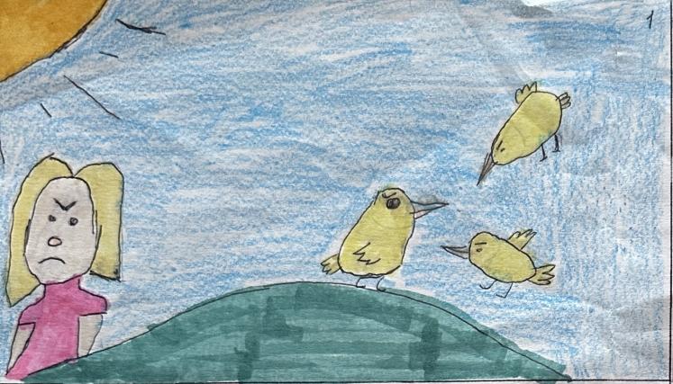 Dibujo de nena enojada, pájaros, pasto y sol