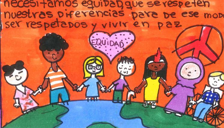 Dibujo de personas tomadas de la mano sobre el planeta tierra. Simbolo de la paz, corazón con la palabra "Equidad". Y texto