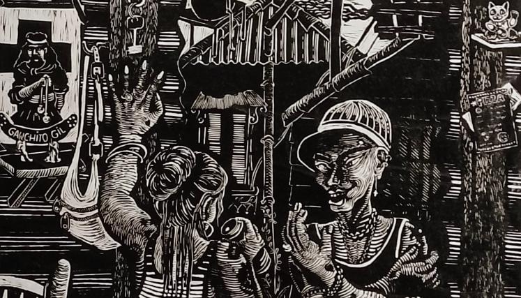 Alejandra Fenochio-El barrio- 2024-Xilografía sobre papel transparente-65x65cm